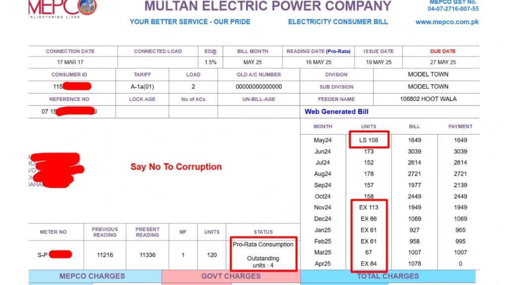 Real bill screenshot highlighted LS AND EX in mepco bill