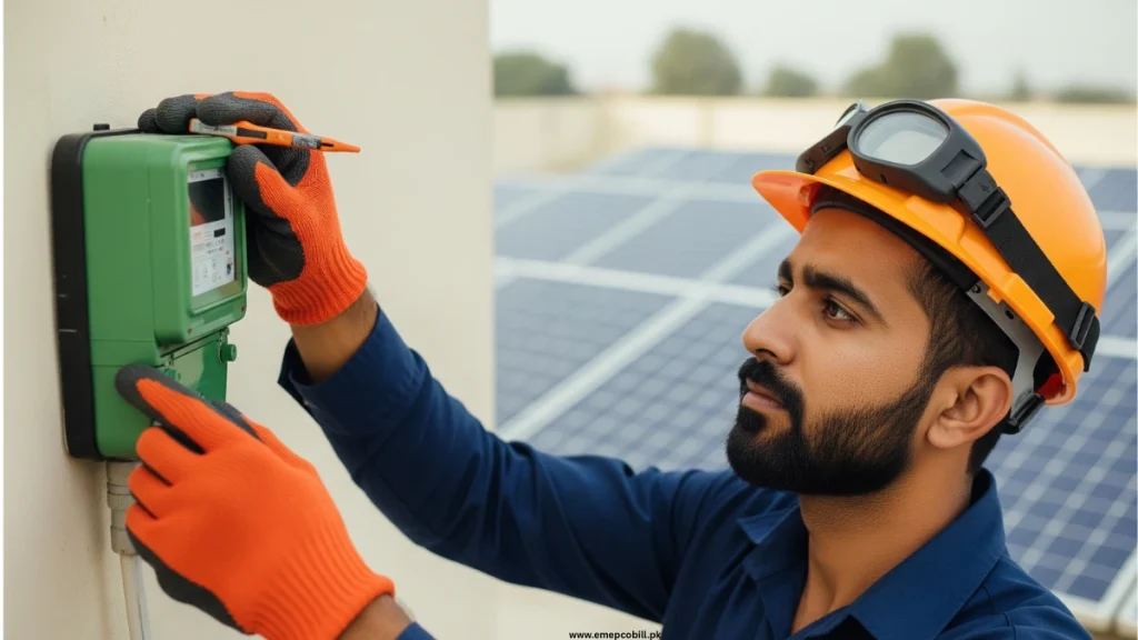 Technician installing MEPCO green net meter on house wall