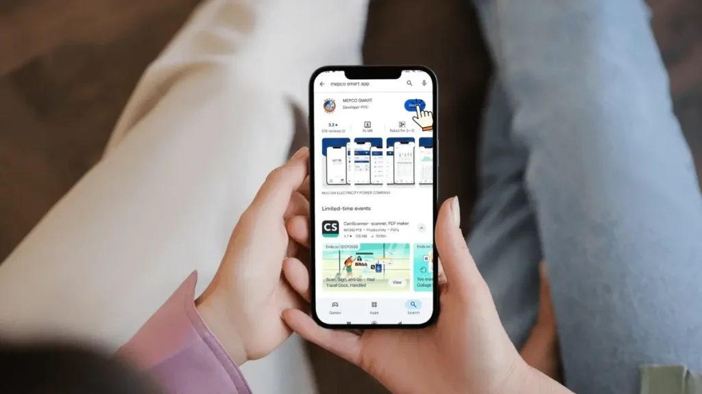 Google Play Store listing of MEPCO Bill App with install button.
