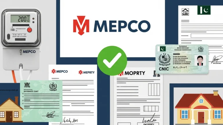 MEPCO new connection process showing meter, documents, and approval