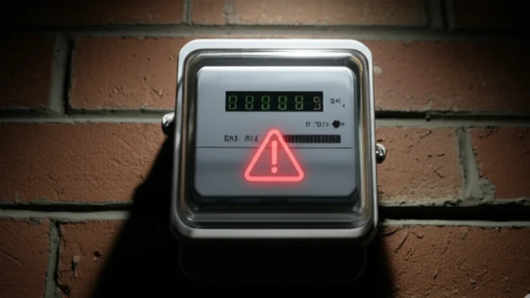 Electricity meter with warning sign indicating detection bill MEPCO for illegal usage.