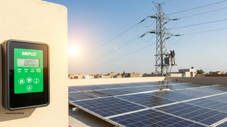 Solar panels and MEPCO green net meter installed on a Pakistani rooftop under clear sky