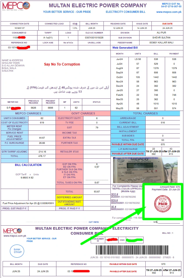 Printed MEPCO electricity bill with red PAID stamp.
