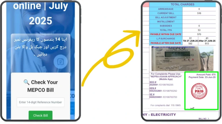 A clear image showing How to Check MEPCO Bill Paid or Not, with reference number online